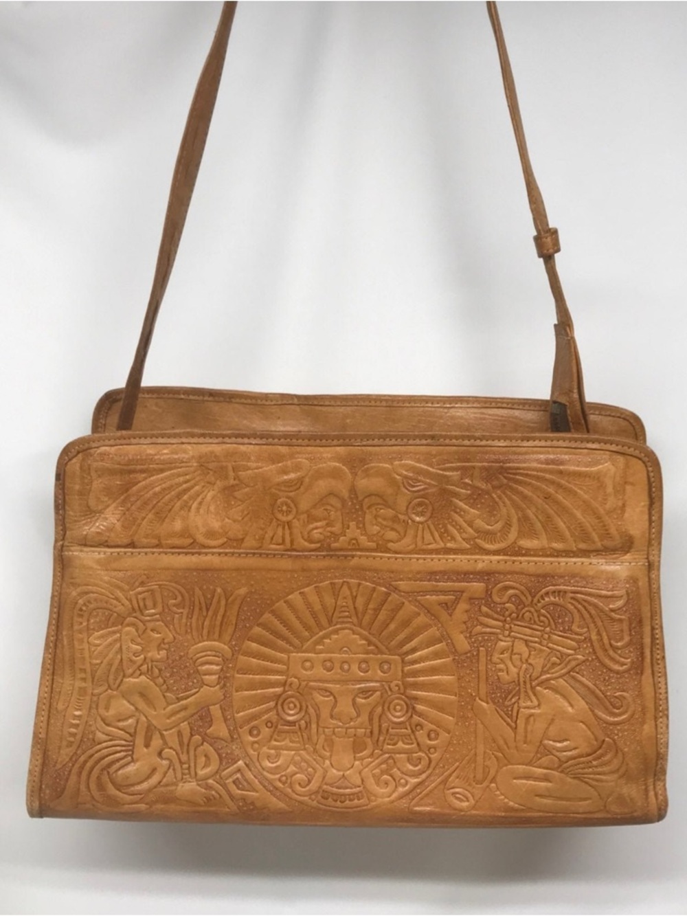 Vintage Hand-Tooled Tan Leather Crossbody Bag with Aztec Motif